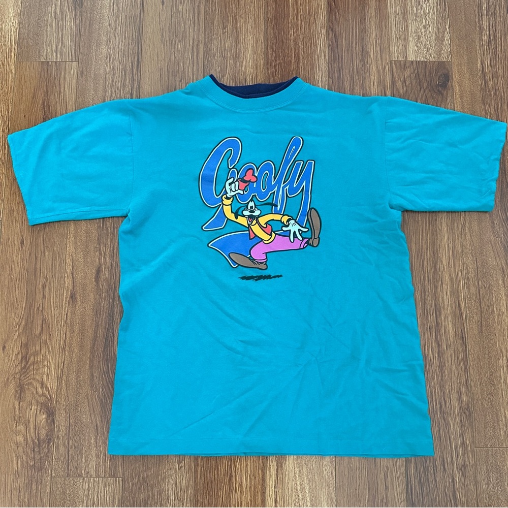 Vintage 90s Disney Store Goofy Large T-Shirt Single Stitch Roll Sleeve Teal Blue